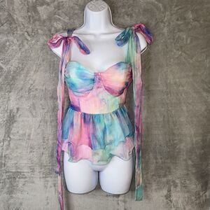 Shein Pastel Watercolor Tie Strap Peplum Top Sz Large Whimsical Fairy Ethereal